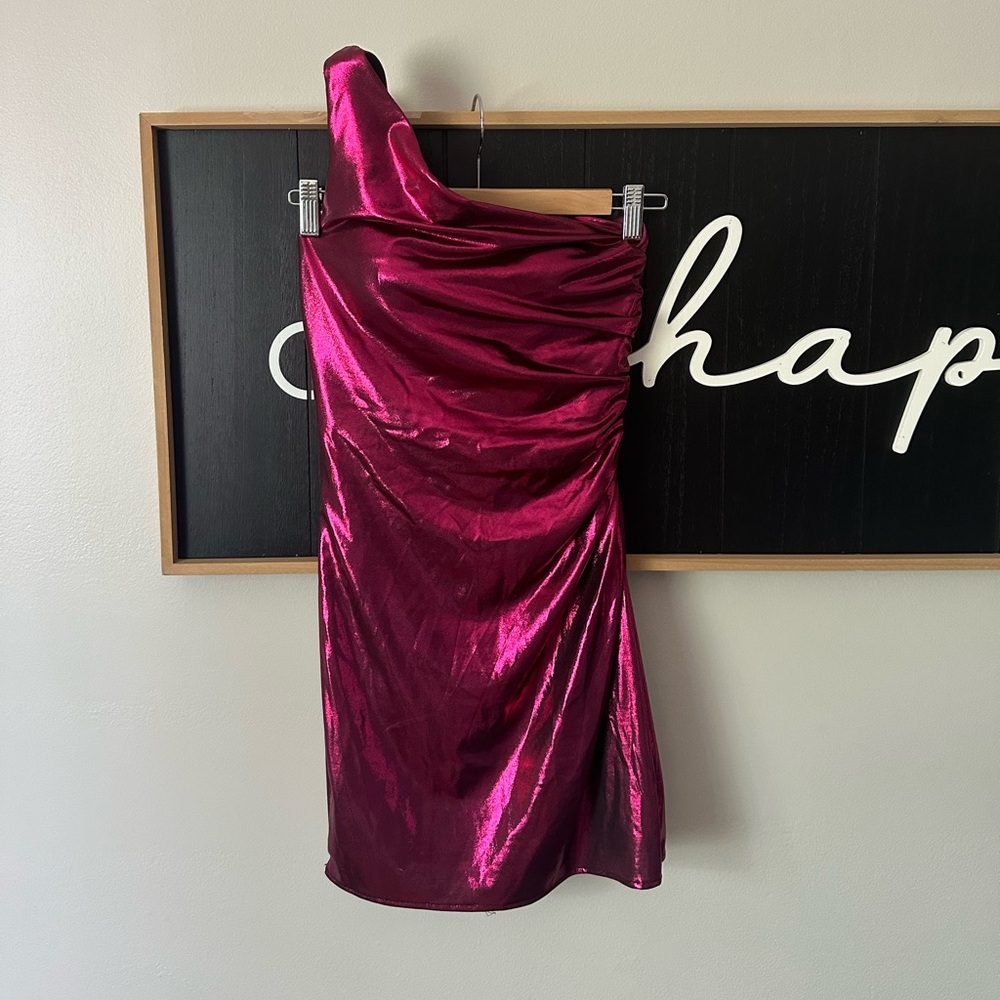 Faviana Ruched Metallic Magenta Homecoming Dress